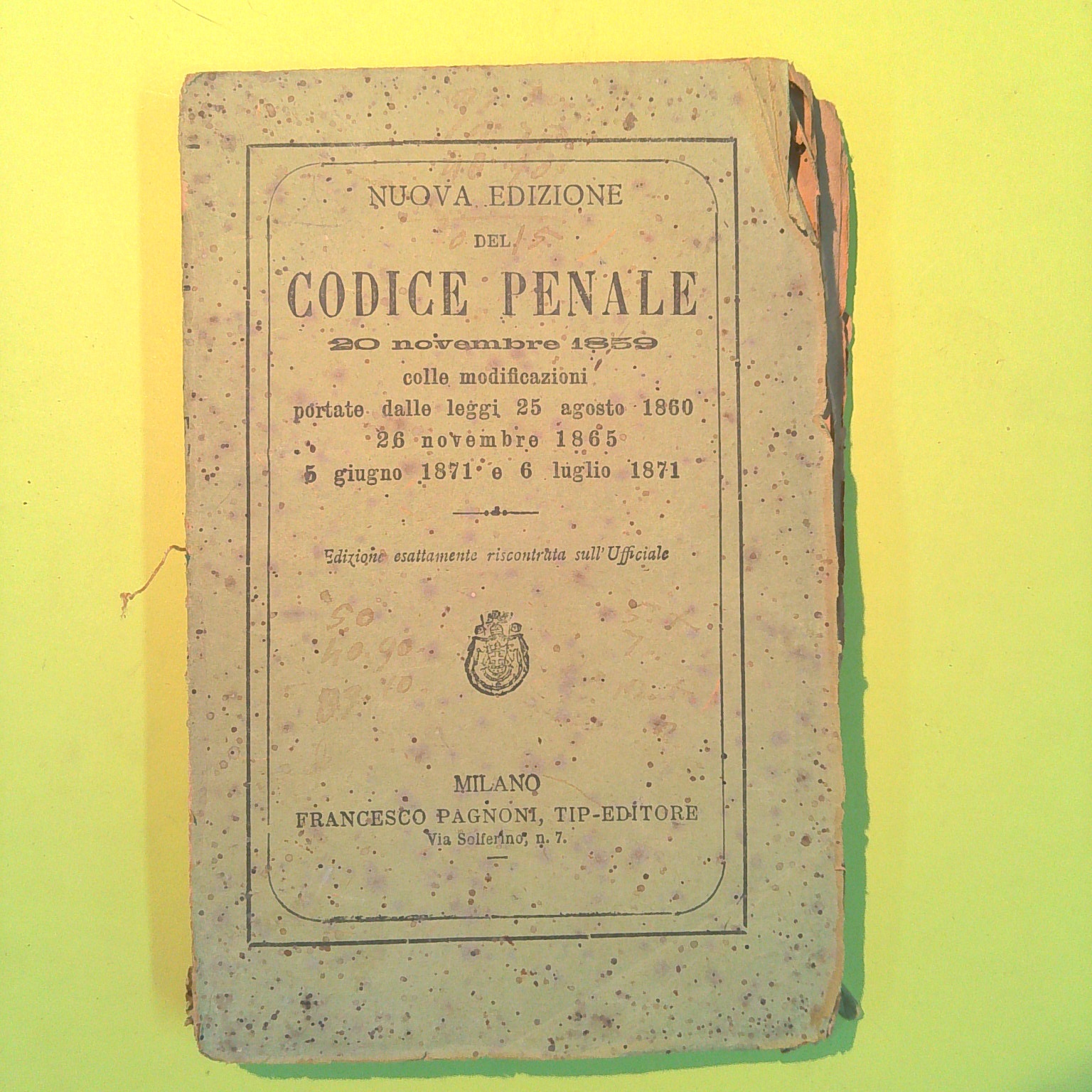 NUOVA EDIZIONE DEL CODICE PENALE PAGNONI 1880