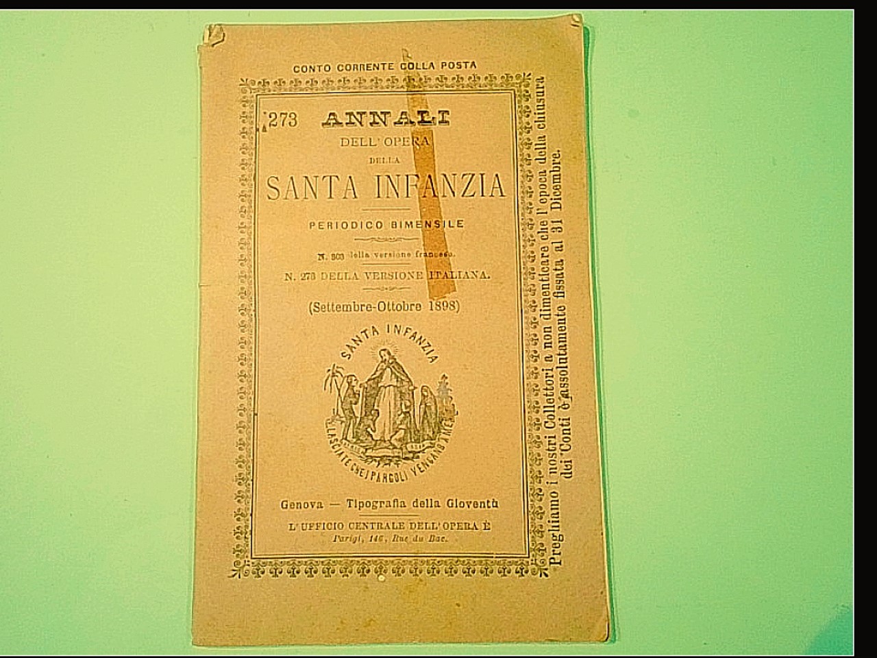 ANNALI DELL'OPERA DELLA SANTA INFANZIA SETTEMBRE OTTOBRE 1898