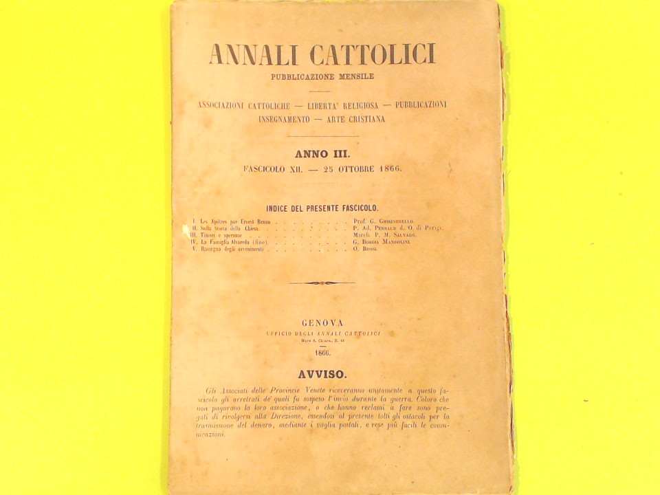 ANNALI CATTOLICI FASC XII 25 OTTOBRE 1866