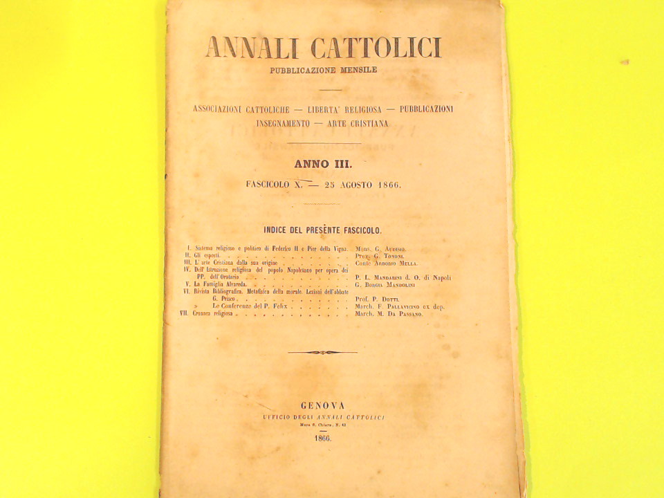 ANNALI CATTOLICI FASC X 25 AGOSTO 1866