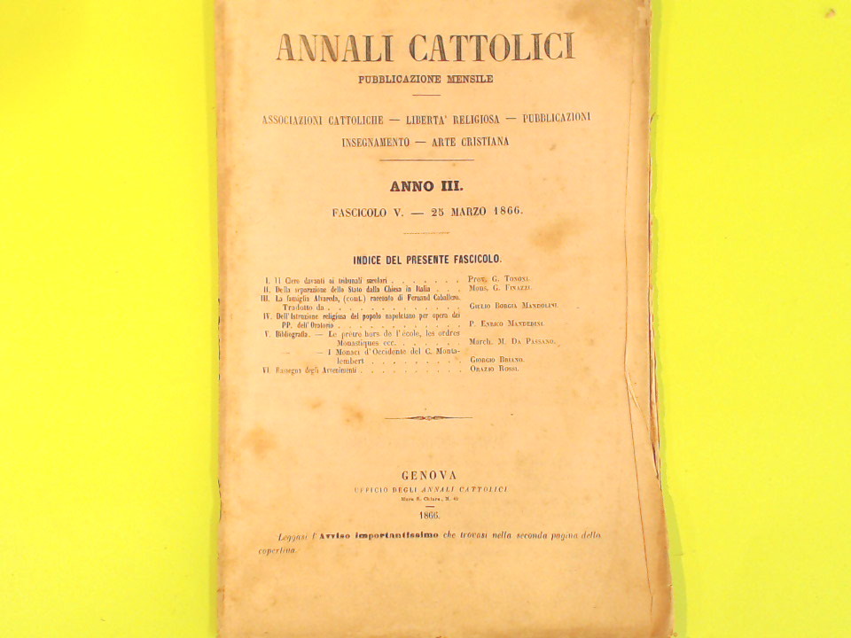 ANNALI CATTOLICI FASC V 25 MARZO 1866