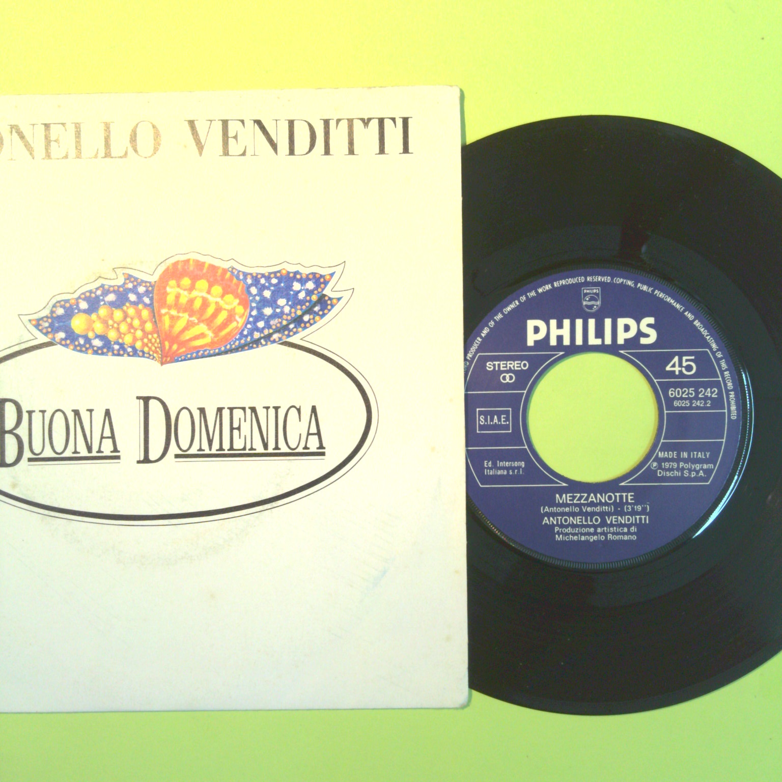 BUONA DOMENICA/MEZZANOTTE ANTONELLO VENDITTI 45 GIRI 6025 242 1979 - immagine 2