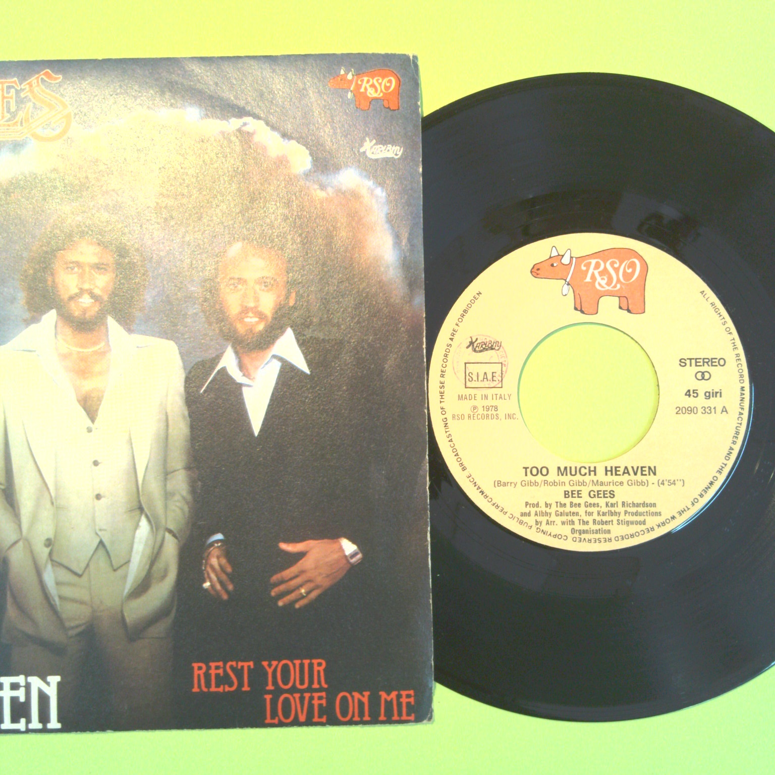 TOO MUCH HEAVEN/REST YOUR LOVE ON ME BEE GEES 45 GIRI RSO 2090 331 1978 - immagine 2