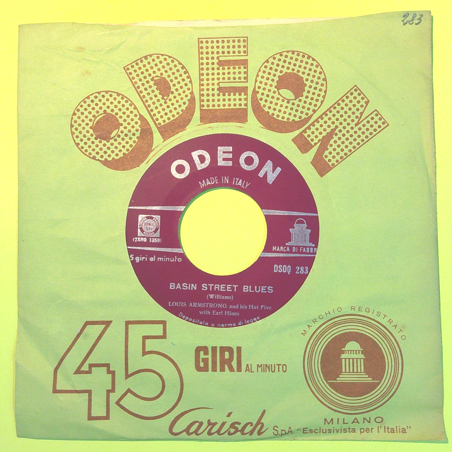 DINAH/BASIN STREET BLUES LOUIS ARMSTRONG 45 GIRI ODEON DSOQ 283 1950