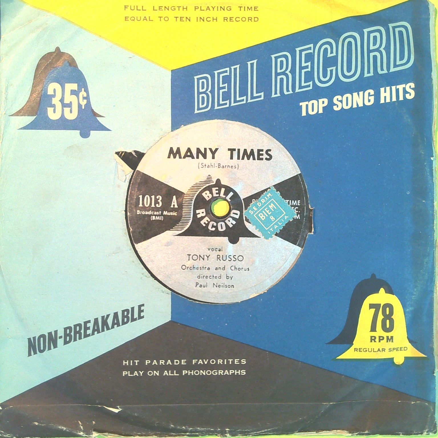 MANY TIMES/RAGS TO RICHES TONY RUSSO 45 GIRI BELL RECORD 1013 1954