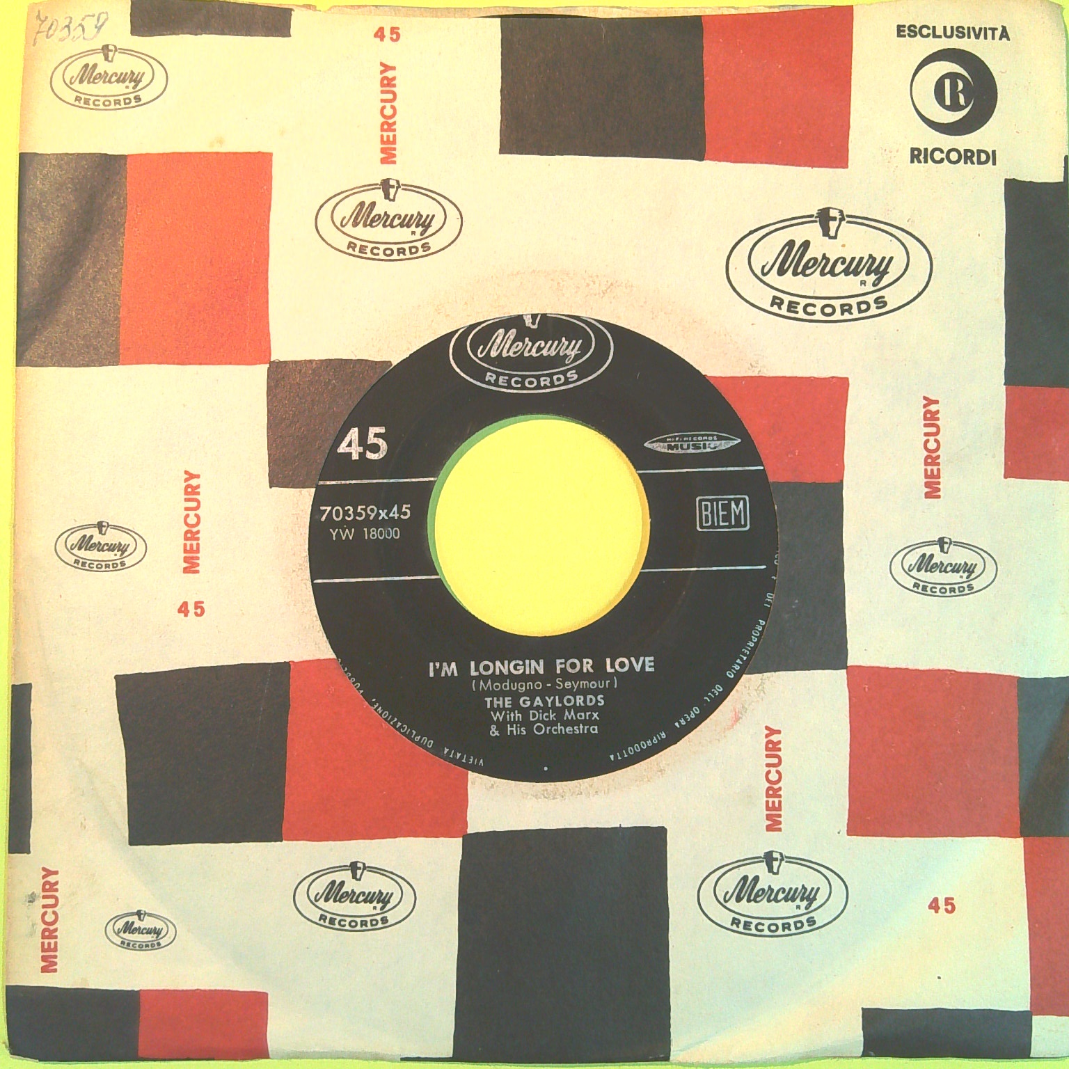 FLAMINGO L'AMORE/I'M LONGIN FOR LOVE THE GAYLORDS 45 GIRI MERCURY 70359 1958