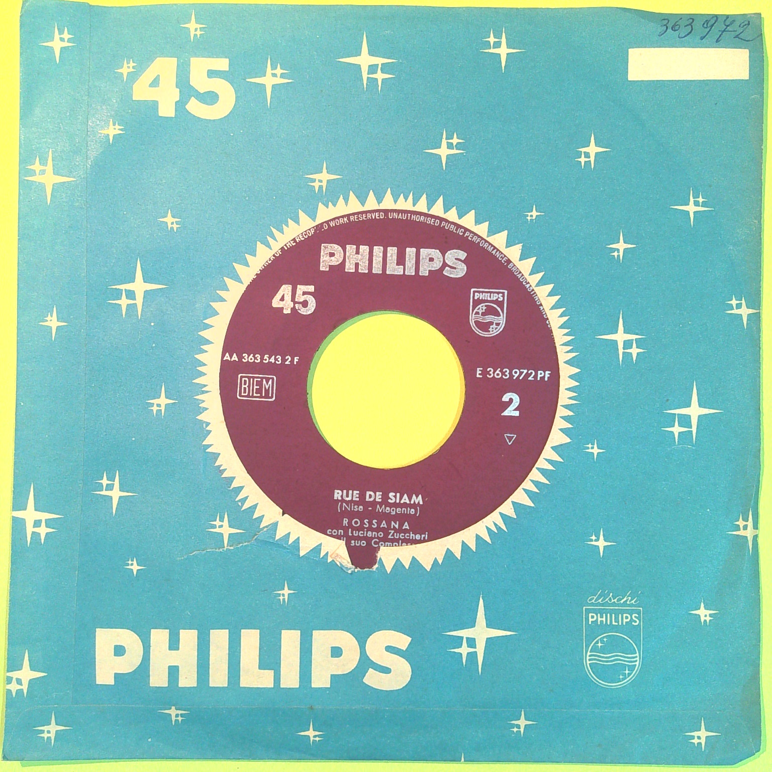 LATIN LOVER/RUE DE SIAM ROSSANA 45 GIRI PHILIPS E 363 972 PF 1962