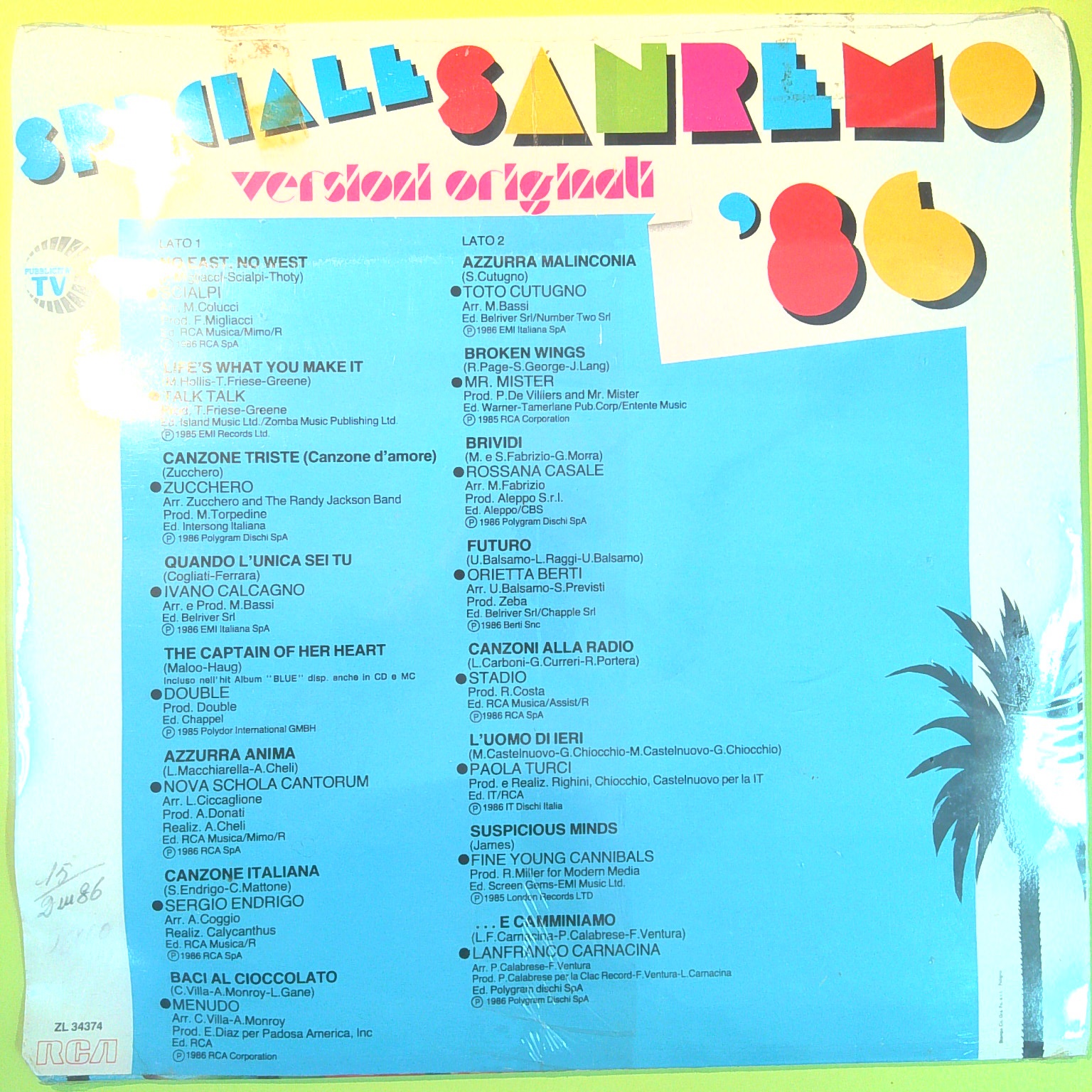 SPECIALE SANREMO '86 VERSIONI ORIGINALI 33 GIRI RCA ZL 34374 1986 - immagine 2
