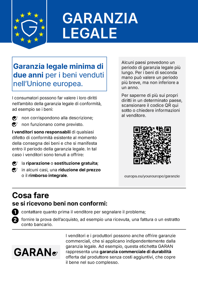 Avviso UE sulla garanzia legale: garanzia legale minima di due anni per i beni venduti nell'Unione europea