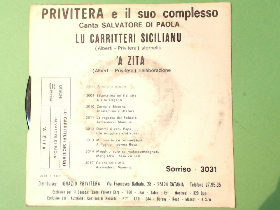 LU CARRITTERI SICILIANU 'A ZITA PRIVITERA DI PAOLA SORRISO 3031 45 GIRI - immagine 3