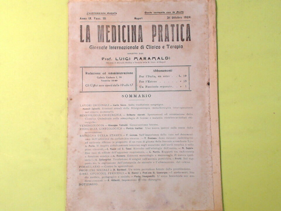 LA MEDICINA PRATICA GIORNALE CLINICA E TERAPIA 31 OTTOBRE 1924 FASCICOLO 10