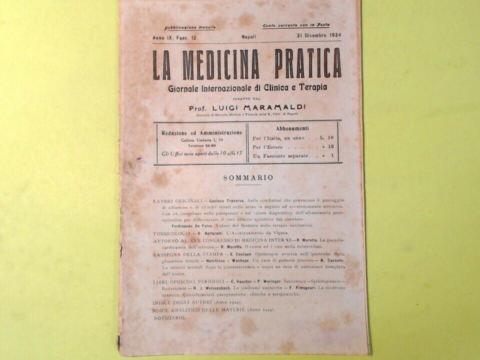 LA MEDICINA PRATICA GIORNALE CLINICA E TERAPIA 31 DICEMBRE 1924 FASCICOLO 12