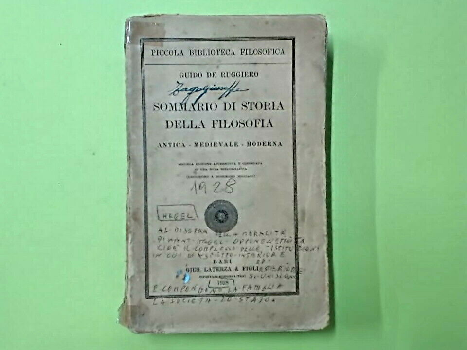 SOMMARIO DI STORIA DELLA FILOSOFIA DE RUGGIERO LATERZA 1928